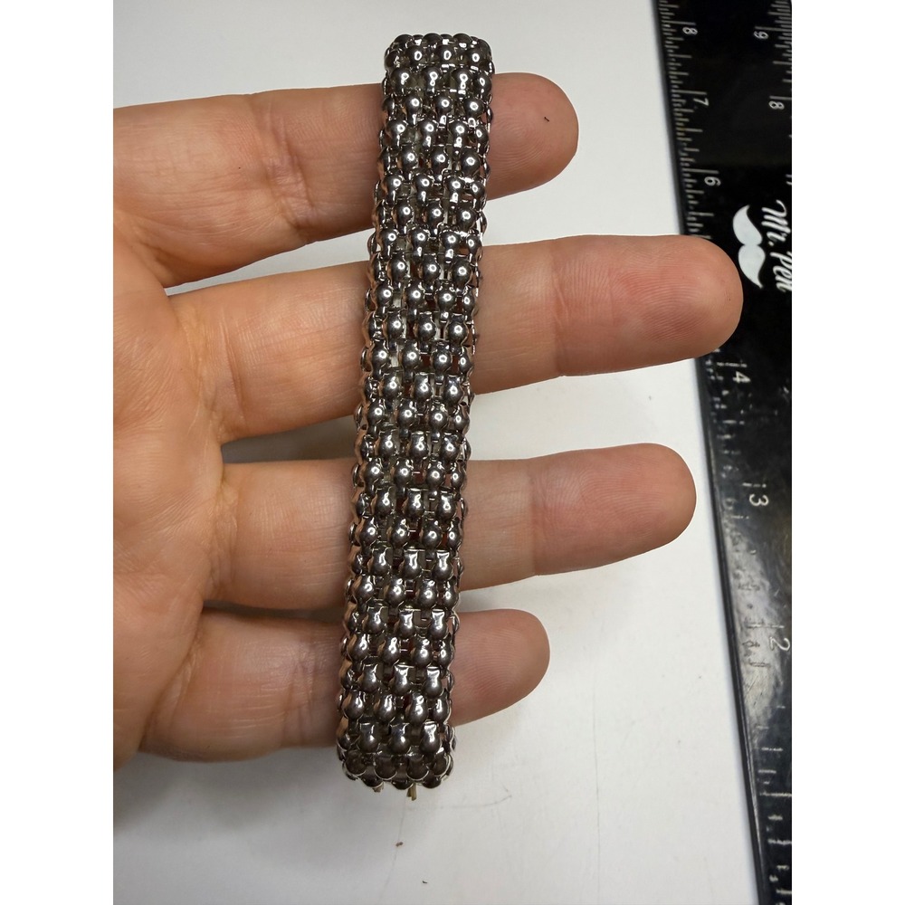 Silver Tone Beaded Mesh Stretch Bracelet Wide Textured Polished Statement Band